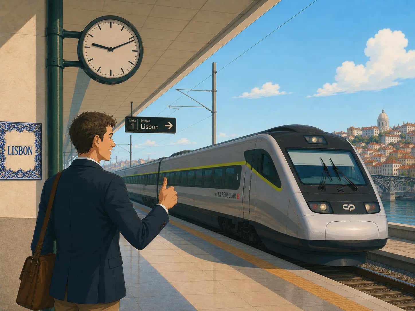 Passenger glancing at a departure board at Lisboa Oriente station showing an Alfa Pendular service departing on time