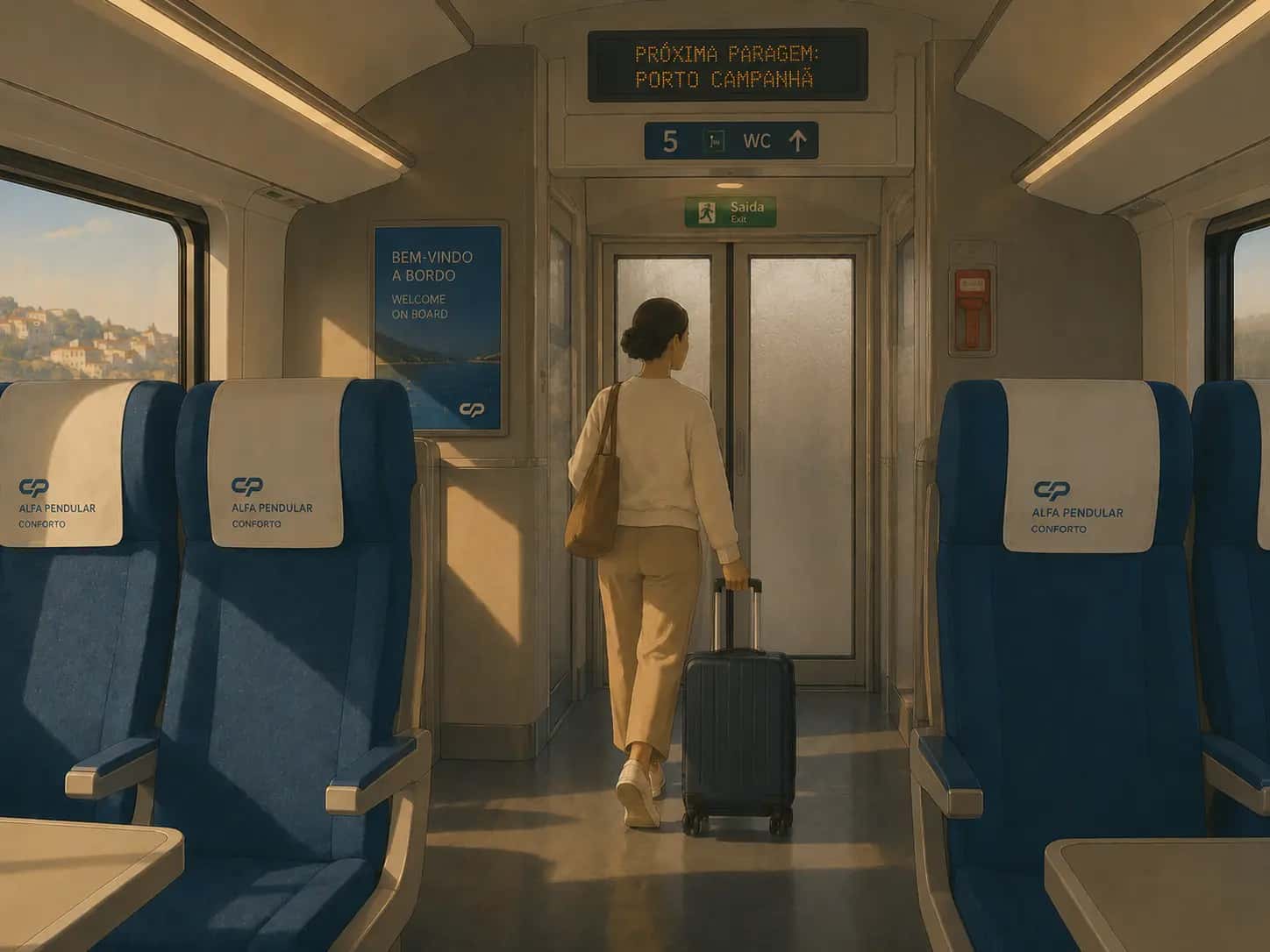 Passenger pulling a suitcase towards the exit doors of an Alfa Pendular carriage