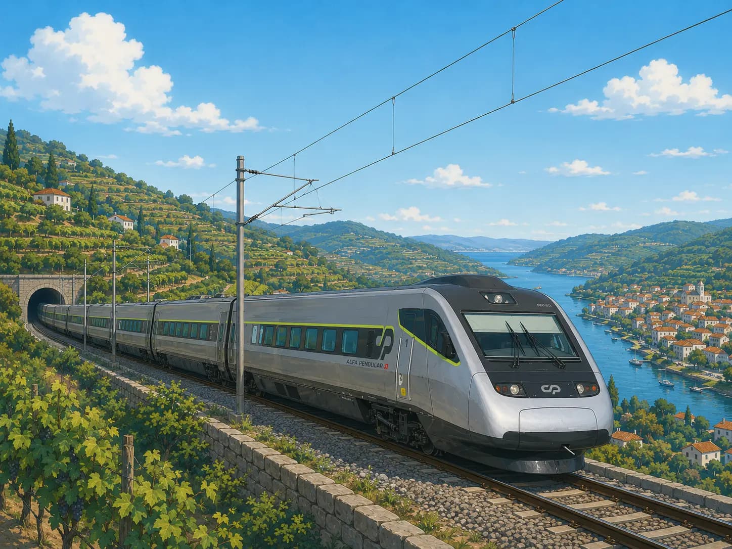 Alfa Pendular train pulling into Porto Campanhã station on a clear morning