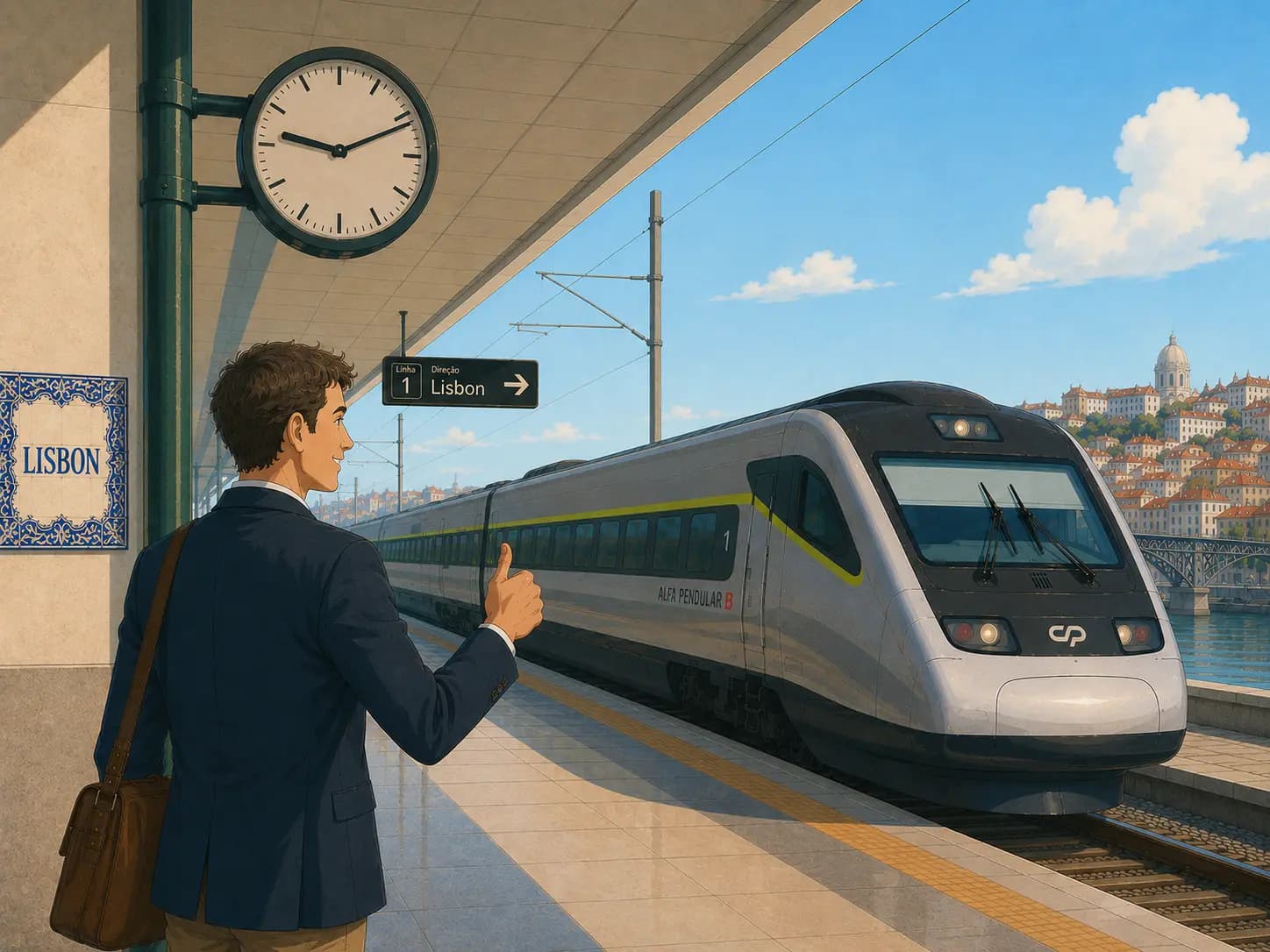 Passenger glancing at a departure board at Lisboa Oriente station showing an Alfa Pendular service departing on time