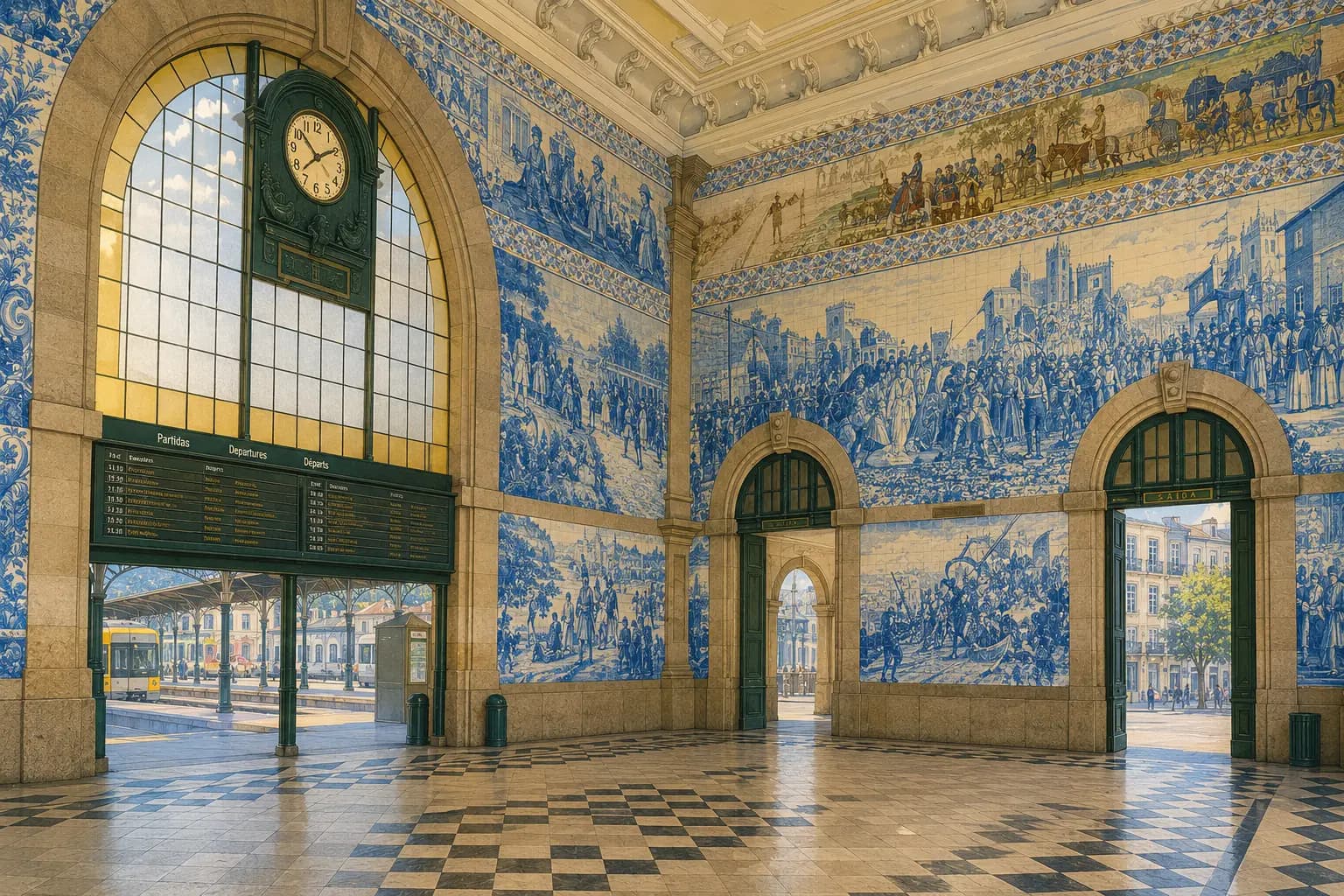 Grand entrance hall of Porto São Bento station covered floor to ceiling in intricate blue and white azulejo tile panels depicting Portuguese historical scenes