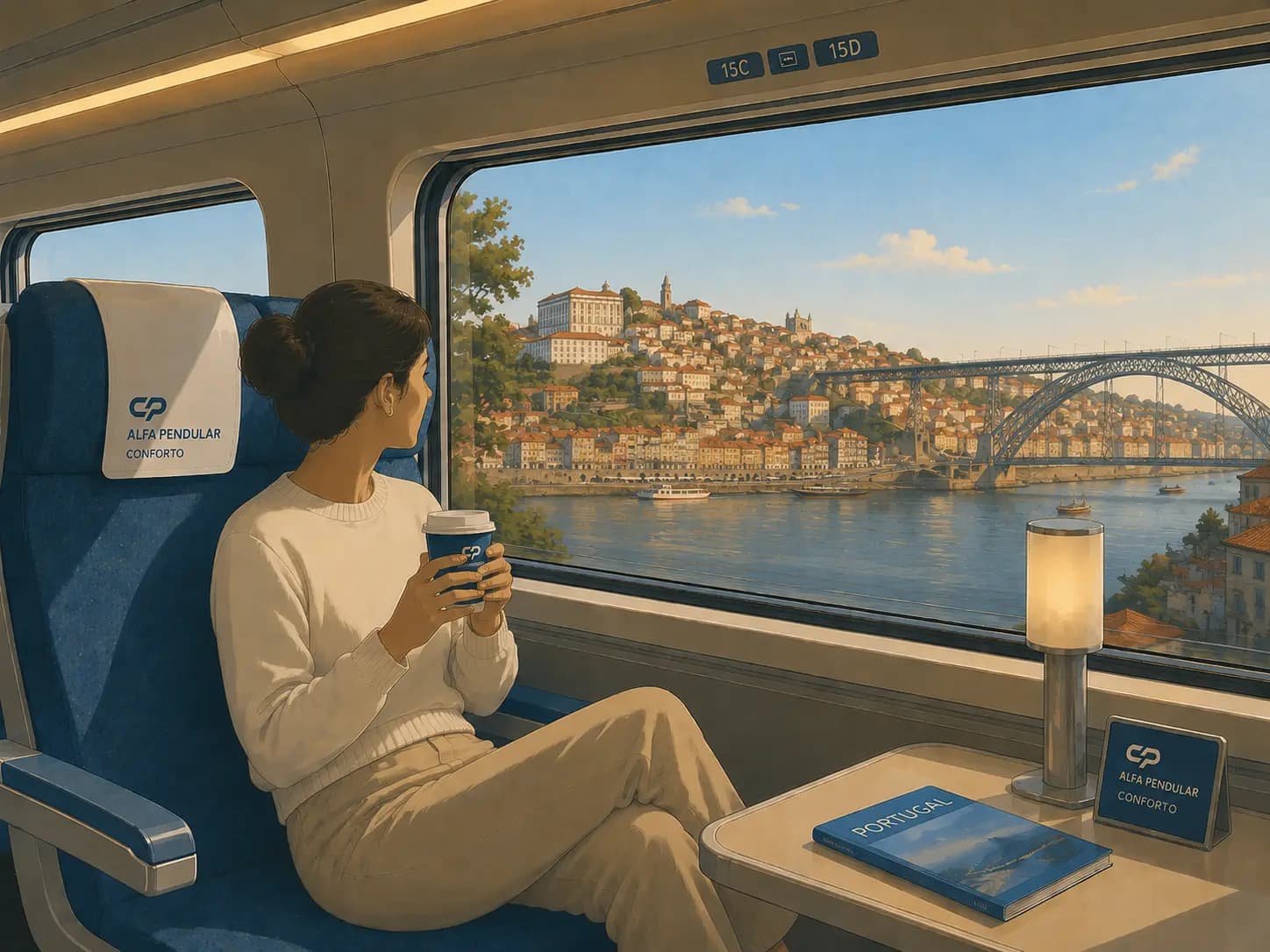 Passenger relaxing with a coffee at their seat in an Alfa Pendular carriage