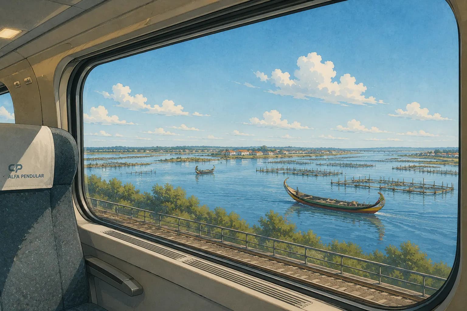 View from an Alfa Pendular train window of the Aveiro lagoon