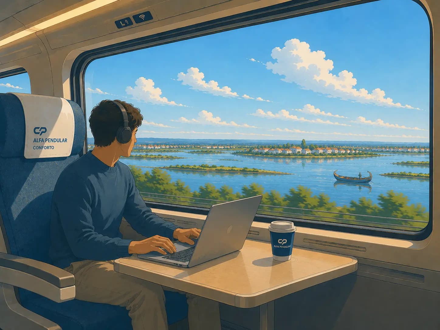 Passenger working on a laptop at a window seat in Alfa Pendular Conforto class