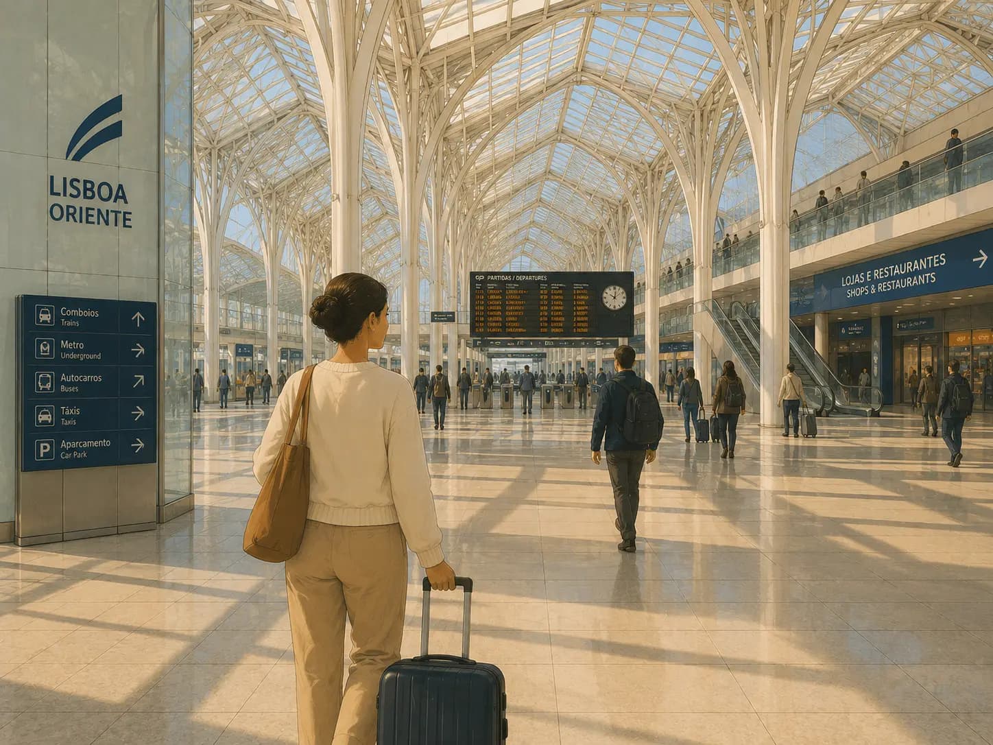 Arriving passenger walking through the bright modern concourse of Lisboa Oriente station
