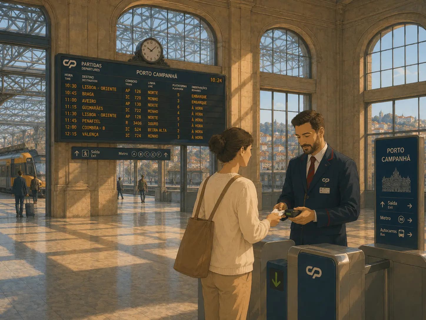 Traveller checking their ticket at Porto Campanhã station