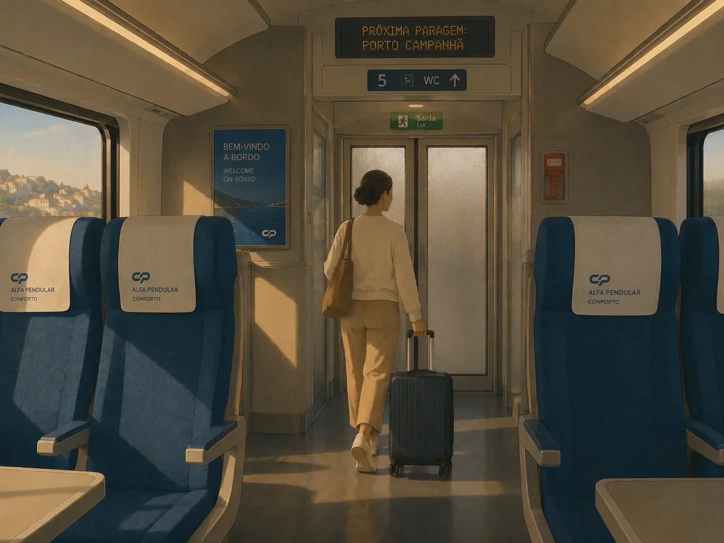 Passenger pulling a suitcase towards the exit doors of an Alfa Pendular carriage